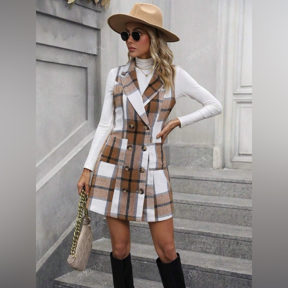 Plaid Double-Breasted Sleeveless Blazer Dress - Picture 12 of 14